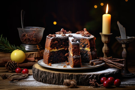 a christmas cake on a rustic wooden board, created with generative aiの素材