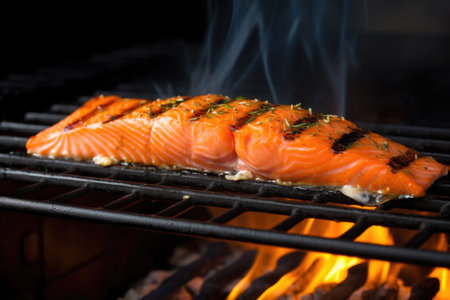 a side of salmon fillet grilling over charcoal, created with generative aiの素材