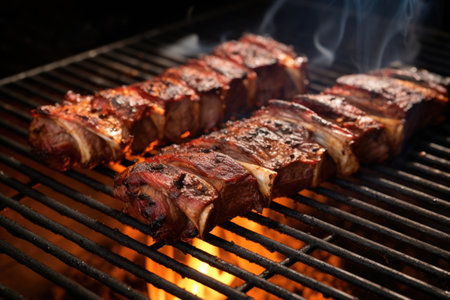 a rack of bbq lamb ribs smoking on the grill, created with generative aiの素材