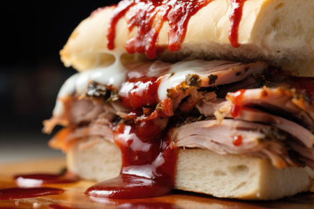 close-up of a pork sandwich with red sauce dripping, created with generative aiの素材