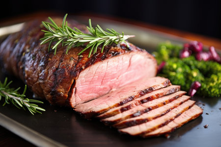 close-up of beautifully sliced beef brisket with a garnish, created with generative aiの素材