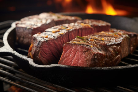 sizzling beef brisket slices on a cast-iron grill, created with generative aiの素材