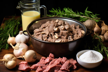 cooked beef stroganoff beside raw ingredients, created with generative aiの素材