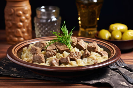 beef stroganoff with gherkins on ceramic plate, created with generative aiの素材