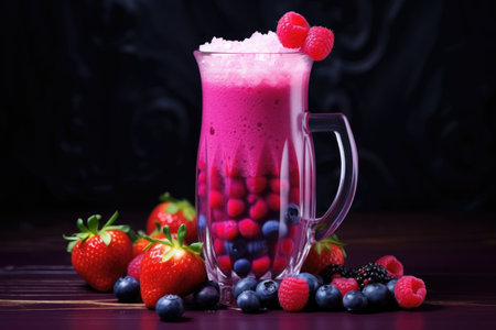 a chilled berry smoothie in a glass jug with beads of condensation, created with generative aiの素材