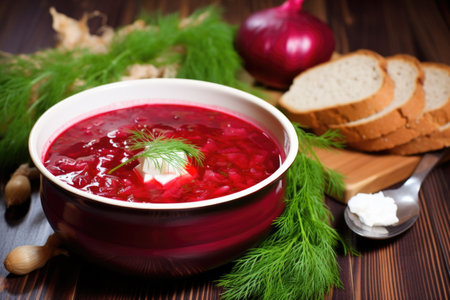 a bowl of red borscht alongside fresh dill and bread, created with generative aiの素材