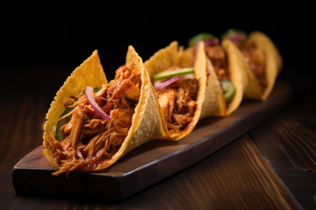 boat shaped crispy taco shell filled with bourbon bbq pulled chicken, created with generative aiの素材