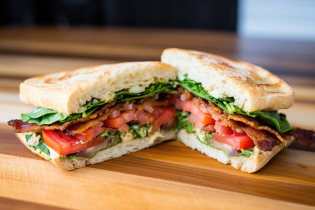 a breakfast sandwich with bacon, lettuce, and tomato, created with generative aiの素材