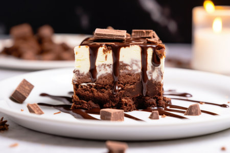 close-up of a brownie with chunks of chocolate on a white plate, created with generative aiの素材