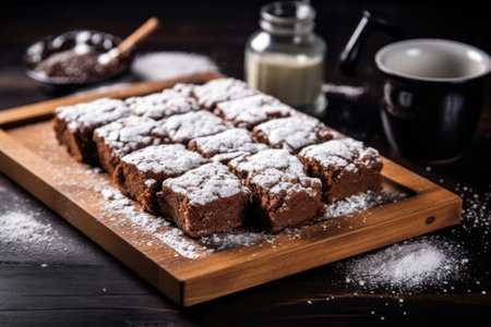 brownies sprinkled with powdered sugar on a wooden tray, created with generative aiの素材