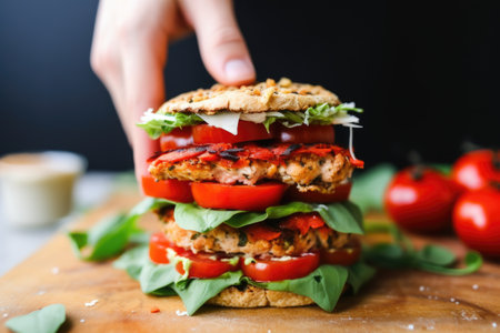 hand layering tomatoes on a chicken burger, created with generative aiの素材