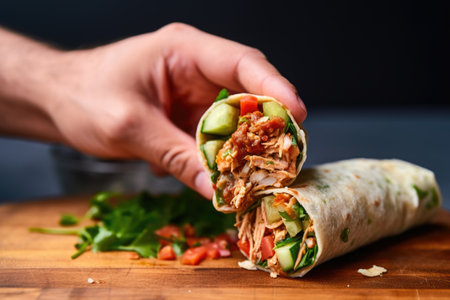 hand inserting bamboo skewer in burrito to hold it together, created with generative aiの素材