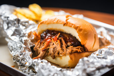 tin foil wrapped carolina pulled pork sandwich, created with generative aiの素材