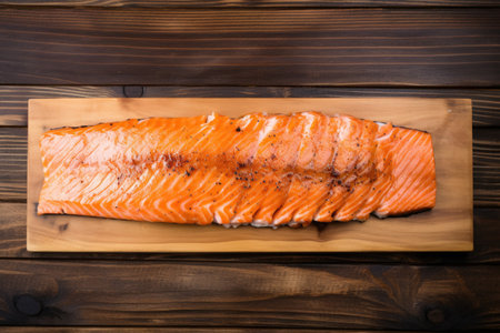 top view of salmon on cedar plank ready to grill, created with generative aiの素材
