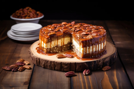caramel pecan cheesecake on a rustic wooden table, created with generative aiの素材