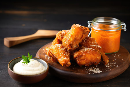 breaded chicken wings with a jar of dip, created with generative aiの素材