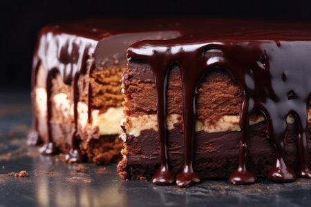 close-up of a chocolate cheesecake with a biscuit base, created with generative aiの素材