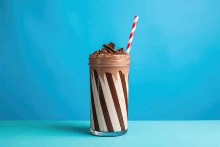 a chocolate milkshake with a striped straw, against a blue backdrop, created with generative aiの素材