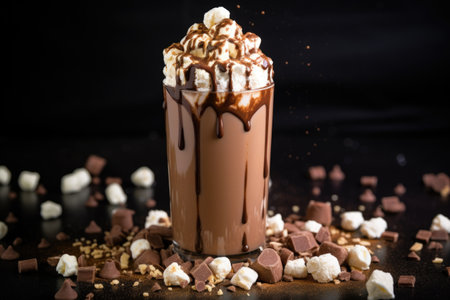 chocolate milkshake with marshmallows floating on the top, created with generative aiの素材