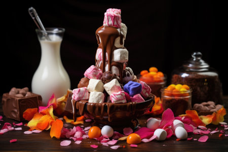 chocolate fountain with marshmallows for dipping, created with generative aiの素材