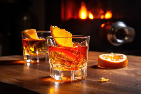 flambeing an orange peel in a sazerac cocktail, created with generative aiの素材