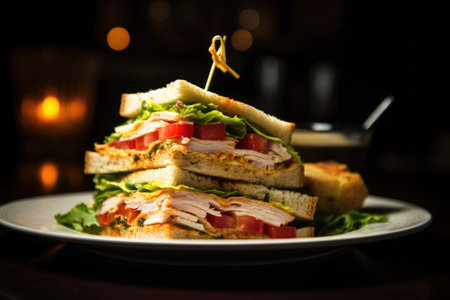 image of a clubhouse sandwich shot under dramatic lighting, created with generative aiの素材