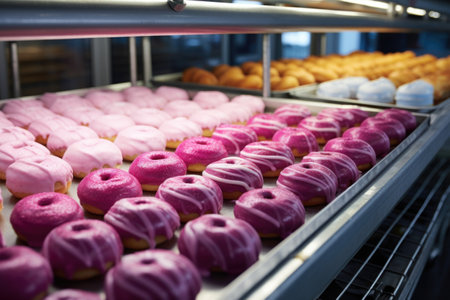 rows of jelly-filled donuts cooling in a professional bakery, created with generative aiの素材