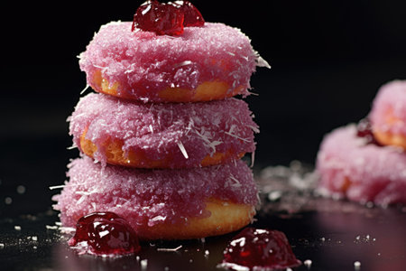 a stack of sugar dusted donuts, one cut to reveal jelly, created with generative aiの素材