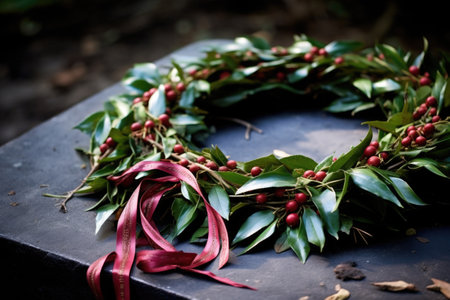 close-up of a solstice wreath decorated with holly and ribbons, created with generative aiの素材