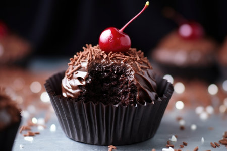 closeup shot of a chocolate cupcake with a shiny cherry on top, created with generative aiの素材