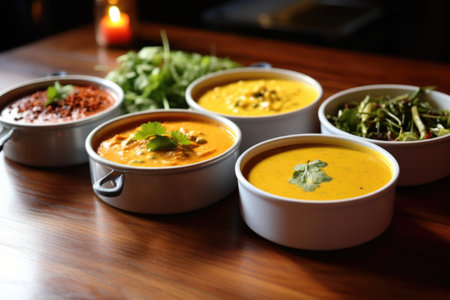 three different types of curry displayed in a line on a tabletop, created with generative aiの素材