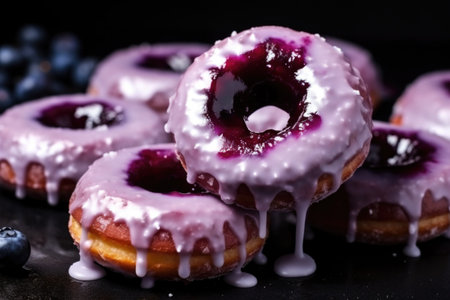 close-up shot of donuts with pearl sugar and blueberry glaze, created with generative aiの素材