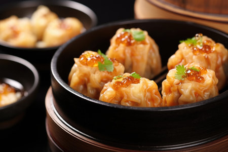 a bowl of japanese shumai dumplings steamed to perfection, created with generative aiの素材