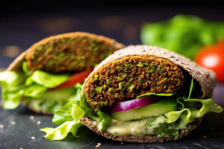 close-up on falafel balls inside a sandwich, created with generative aiの素材