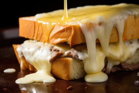 macro photo of melted cheese on a french dip sandwich, created with generative aiの素材