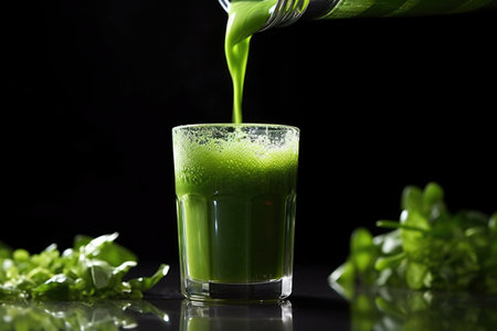 pouring green juice shot in slow motion, created with generative aiの素材