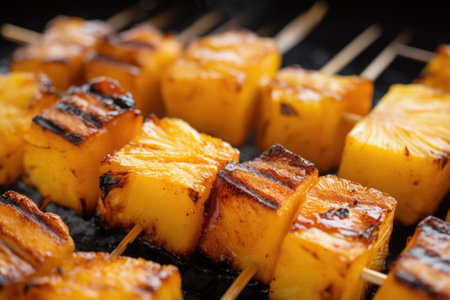 close-up shot of skewers showing texture of pineapple chunks, created with generative aiの素材