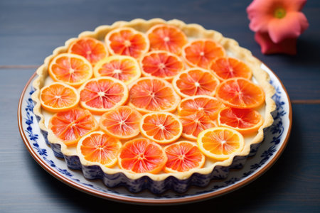 flower-shaped orange and grapefruit tart on ceramic plate, created with generative aiの素材