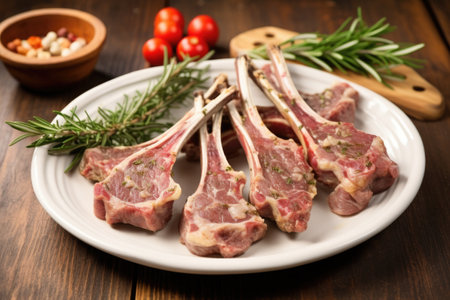 lamb cutlets on a ceramic dish with garlic cloves and rosemary twigs, created with generative aiの素材