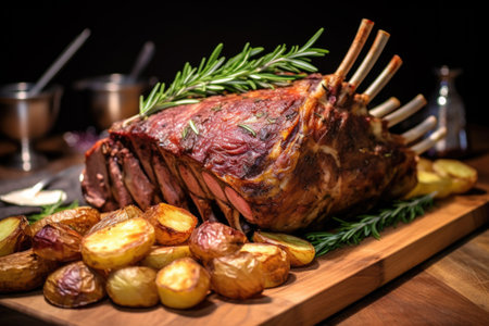 whole rack of lamb with a thick garlic and rosemary paste, created with generative aiの素材