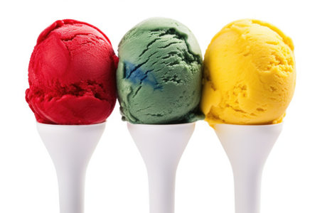 a trio of gelato scoops in primary colors on white background, created with generative aiの素材