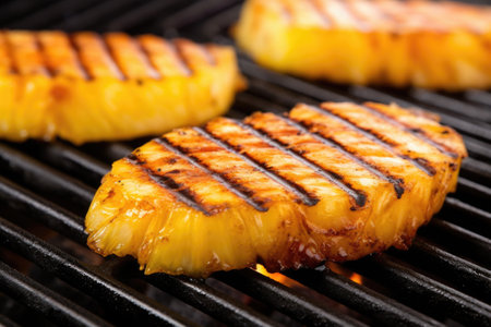 detailed shot of grill marks on pineapple slice, created with generative aiの素材