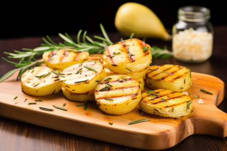 grilled potatoes with rosemary on wooden board, created with generative aiの素材