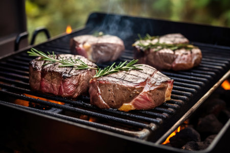 close-up of steak cooking on portable grill, created with generative aiの素材