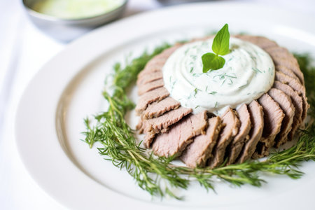 gyro served on a white plate with tzatziki sauce, created with generative aiの素材