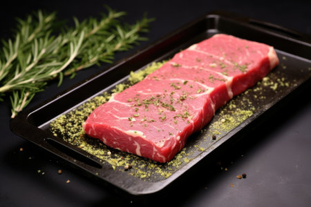 herb rub on raw steak, placed in a black tray, created with generative aiの素材
