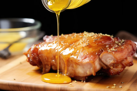 honey drizzling onto a pork chop before being tossed in mustard sauce, created with generative aiの素材