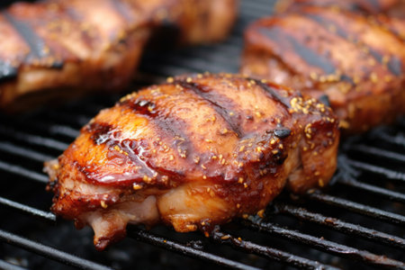 close-up of grilling honey mustard glazed pork chops, created with generative aiの素材
