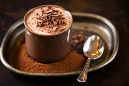 a decorative spoon resting in a cup of hot chocolate, created with generative aiの素材