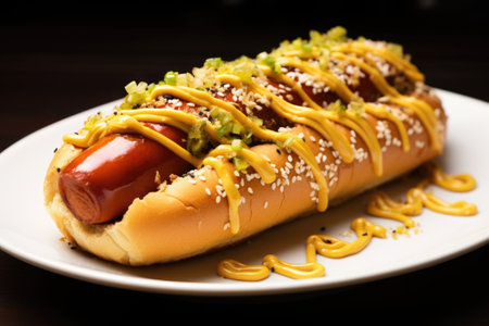 close-up of a hot dog in a bun garnished with mustard, created with generative aiの素材